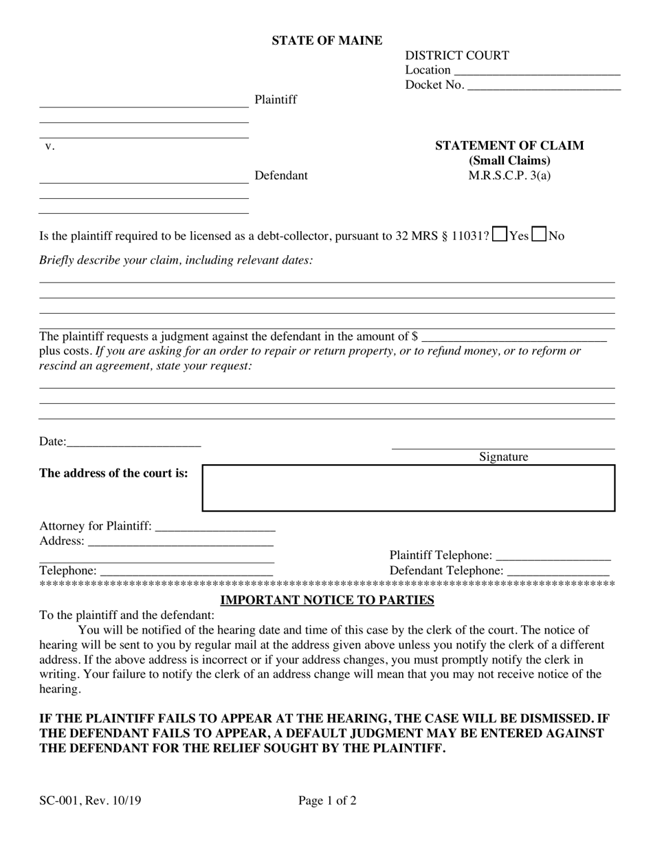 Form SC-001 Statement of Claim (Small Claim) - Maine, Page 1