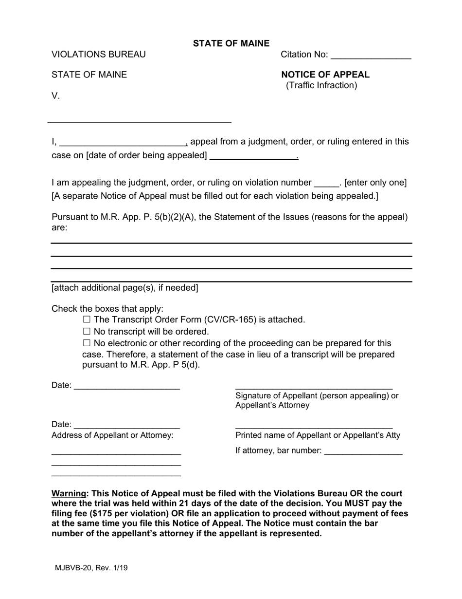 Form MJBVB-20 Notice of Appeal (Traffic Infraction) - Maine, Page 1