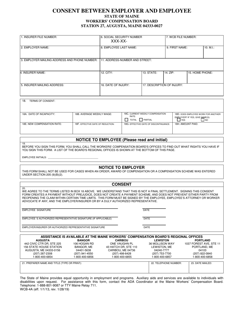 Form WCB-4A Consent Between Employer and Employee - Maine, Page 1