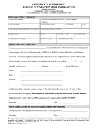 Document preview: Form WCB-7 Certificate Authorizing Release of Unemployment Information - Maine