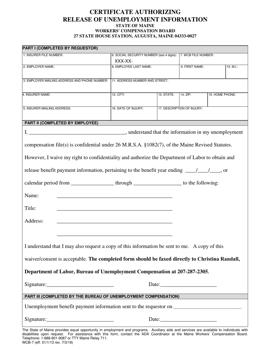 Form WCB-7 Certificate Authorizing Release of Unemployment Information - Maine, Page 1