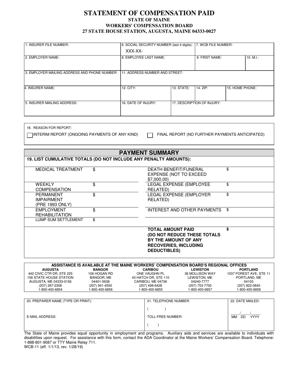 Form WCB-11 Statement of Compensation Paid - Maine, Page 1