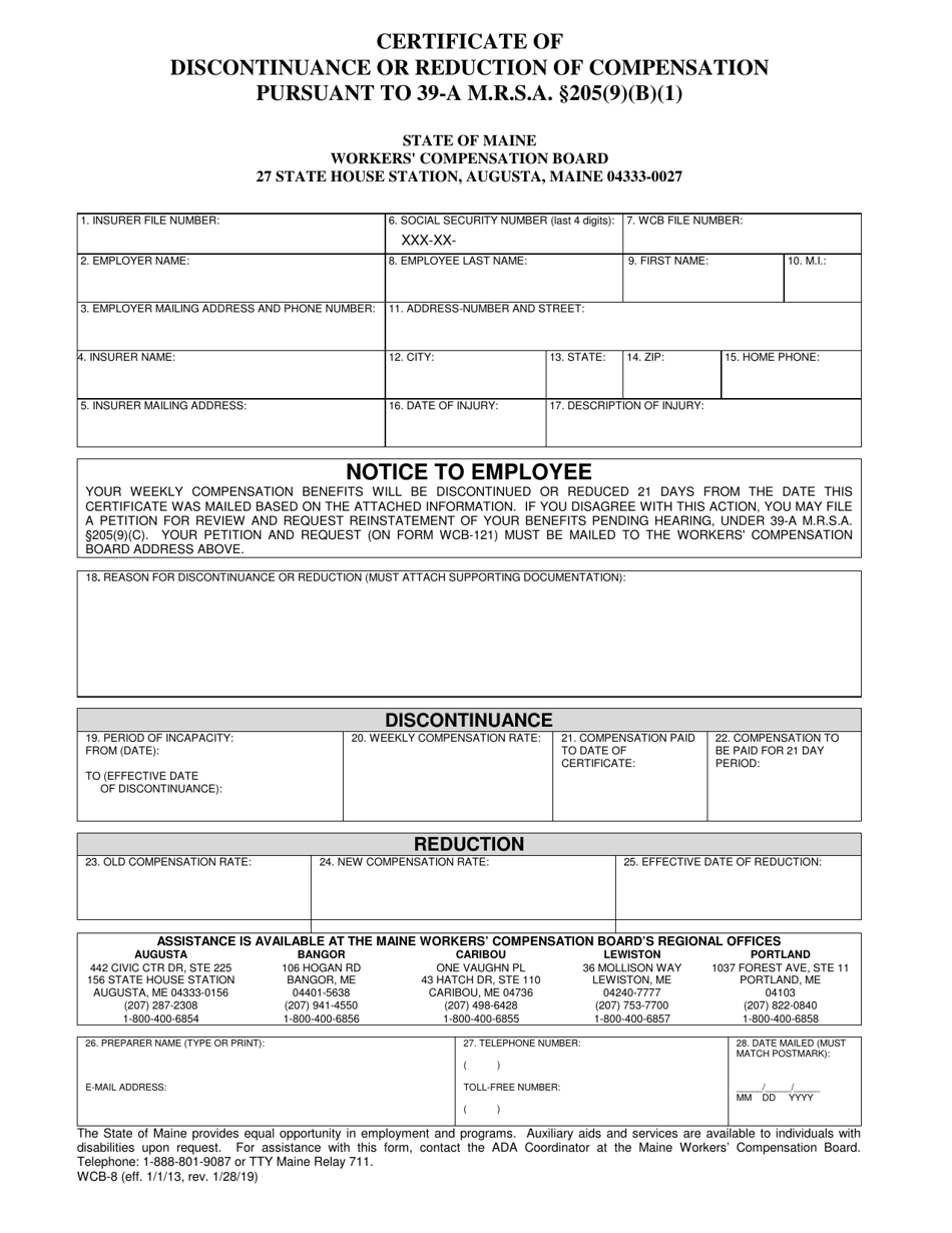 Form WCB-8 Certificate of Discontinuance or Reduction of Compensation Pursuant to 39-a M.r.s.a. 205(9)(B)(1) - Maine, Page 1
