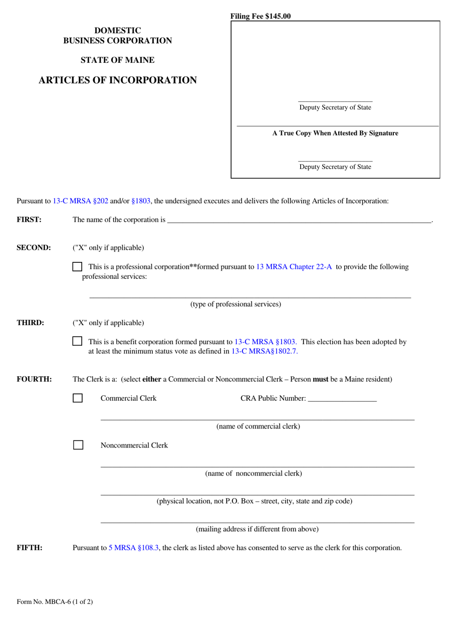Form MBCA-6 Domestic Business Corporation Articles of Incorporation - Maine, Page 1