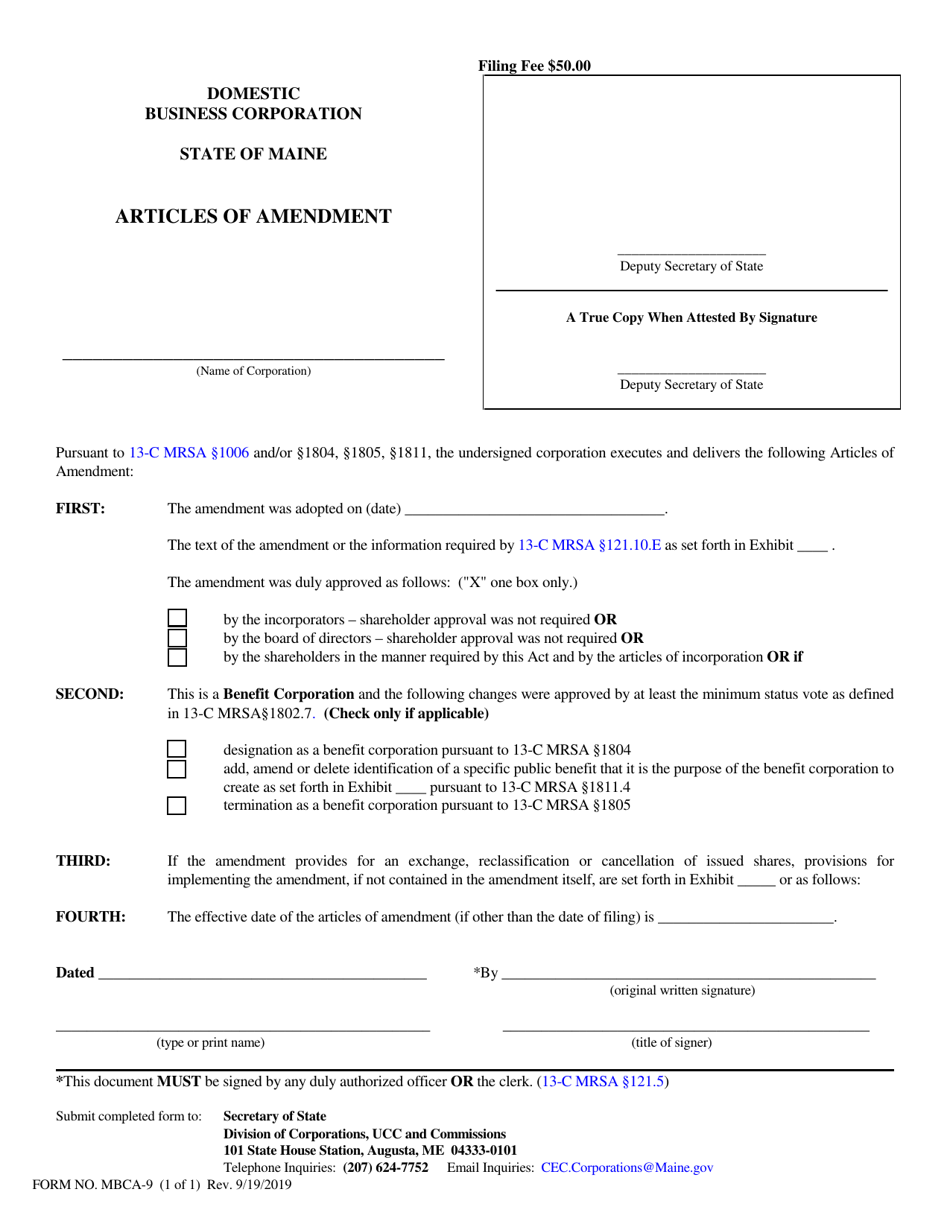 Form MBCA-9 Domestic Business Corporation Articles of Amendment - Maine, Page 1