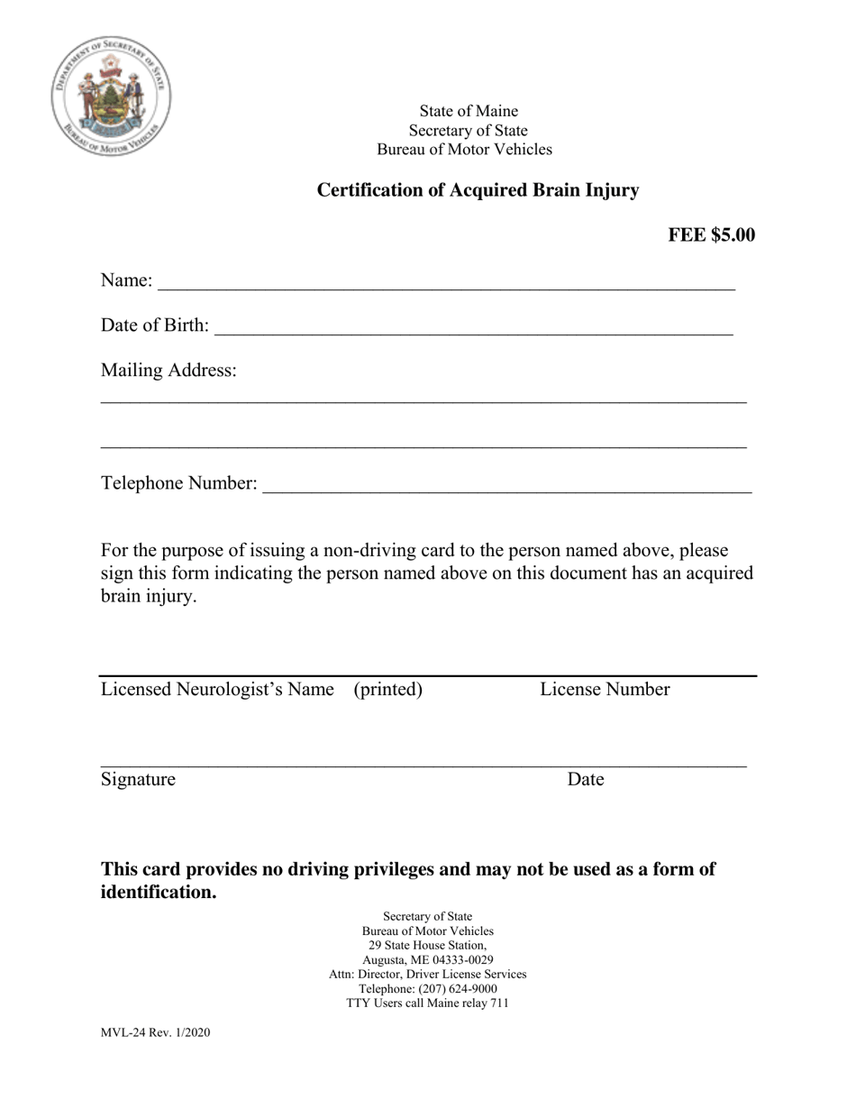 Form MVL-24 Certification of Acquired Brain Injury - Maine, Page 1