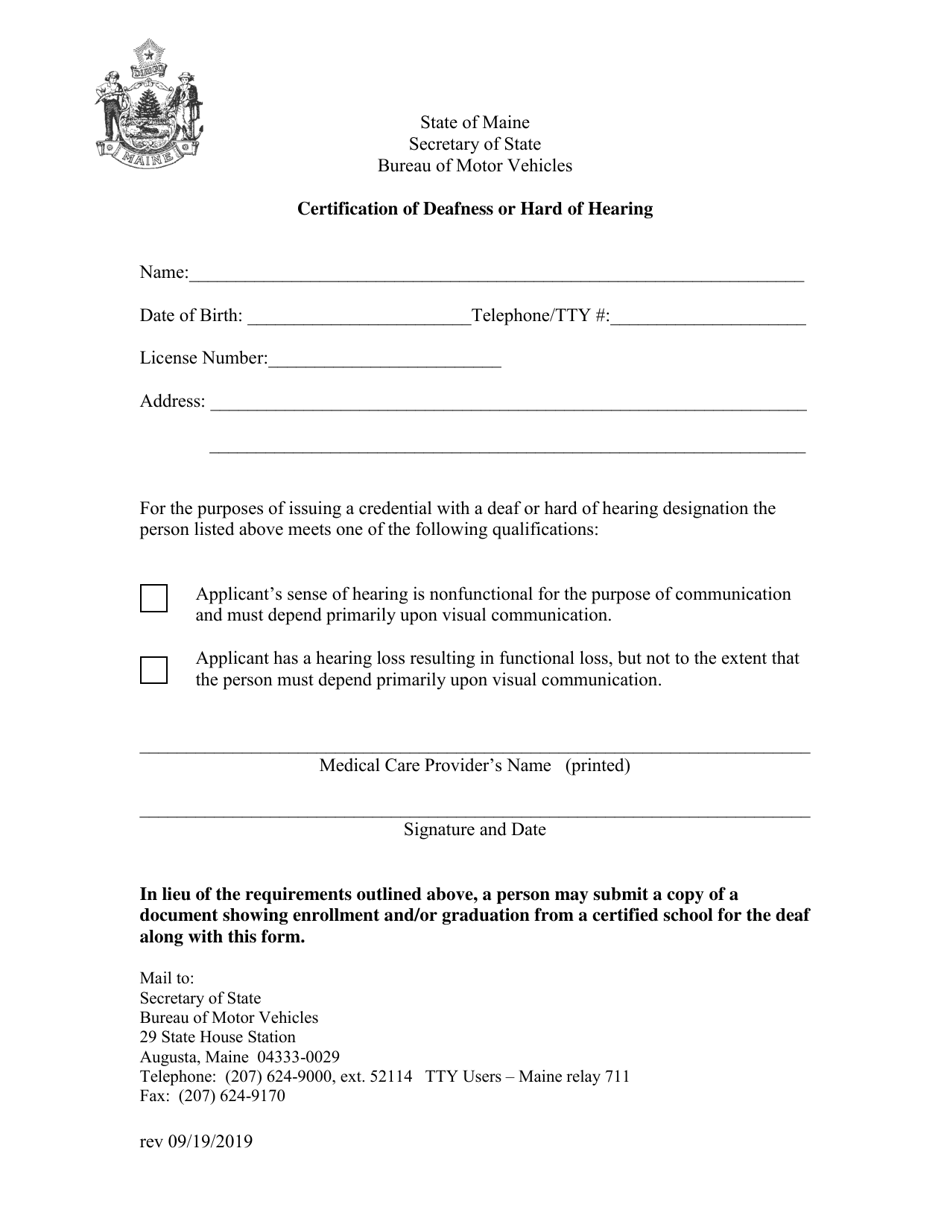 Maine Certification of Deafness or Hard of Hearing Fill Out Sign