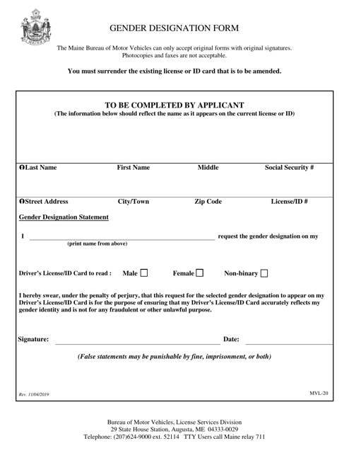 Form MVL-20 Gender Designation Form - Maine