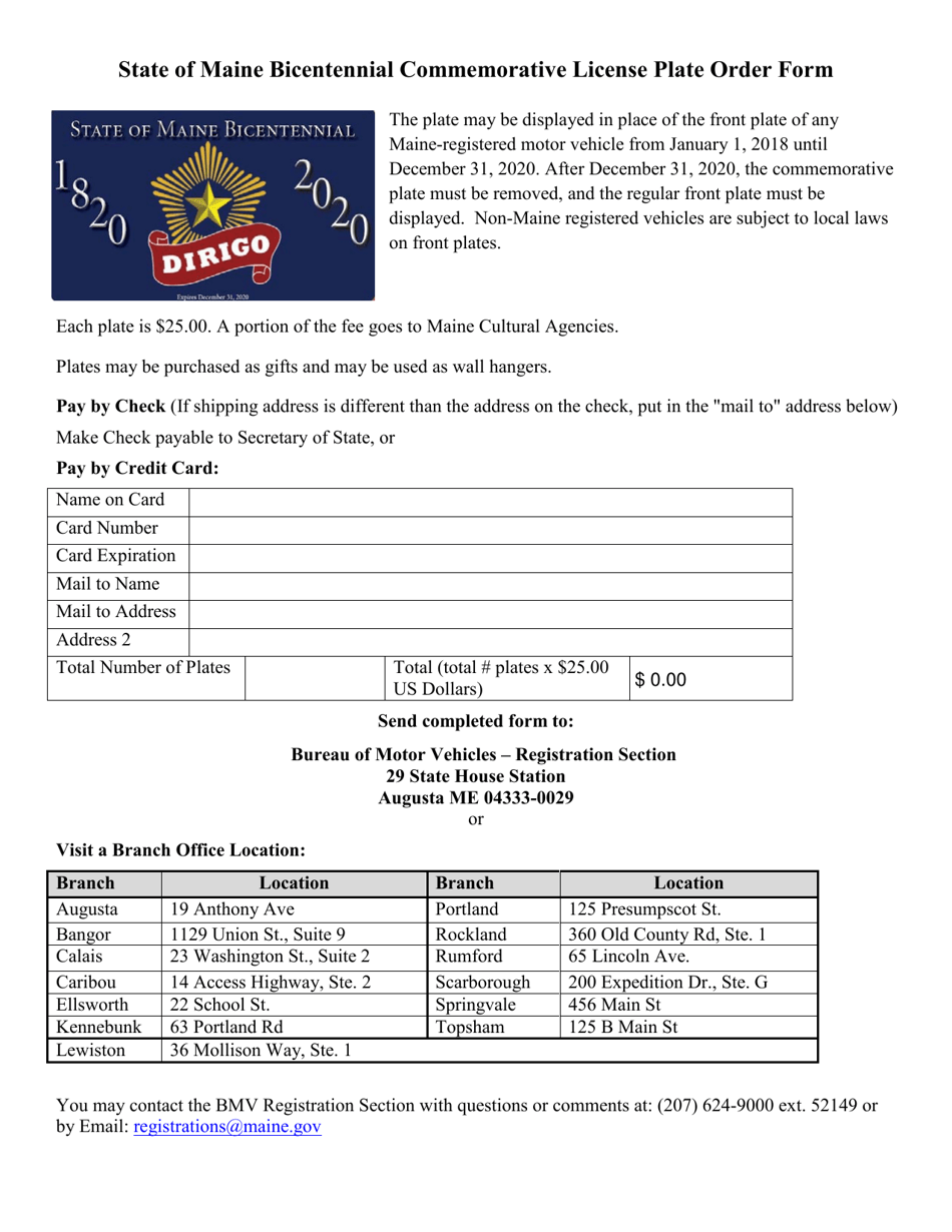 State of Maine Bicentennial Commemorative License Plate Order Form - Maine, Page 1