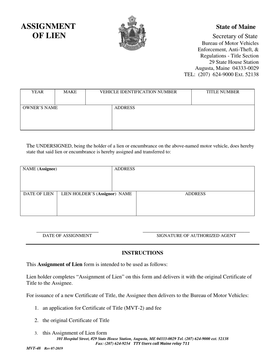 Form MVT-48 Assignment of Lien - Maine, Page 1