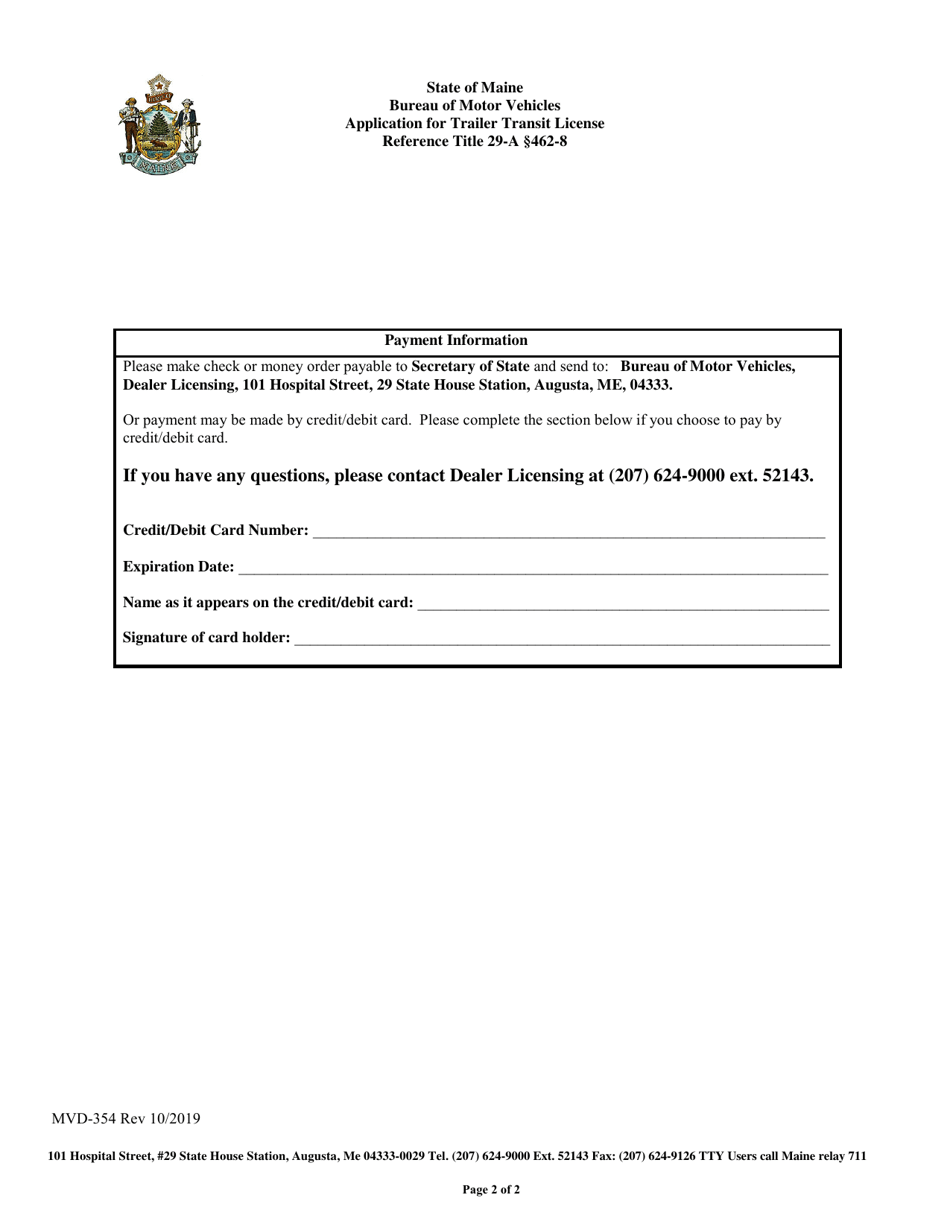 Form MVD-354 Application for Trailer Transit License - Maine, Page 2