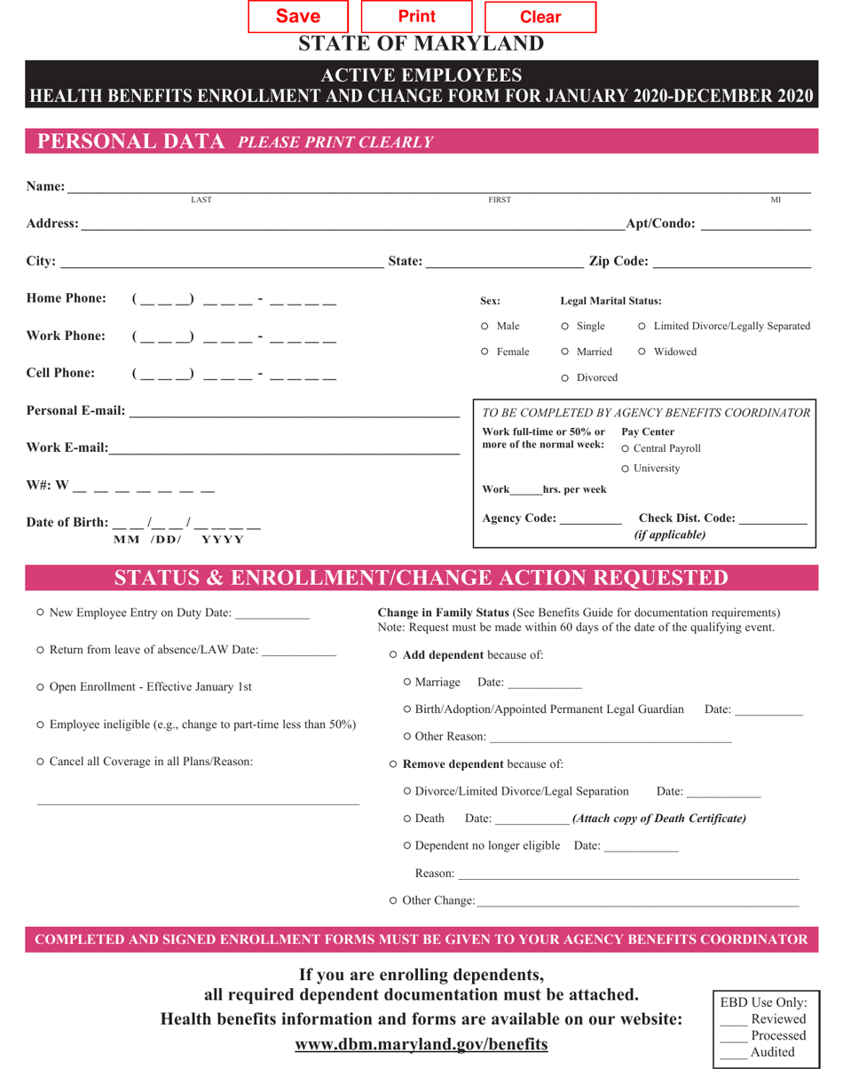 Active Employees Health Benefits Enrollment and Change Form - Maryland, Page 1