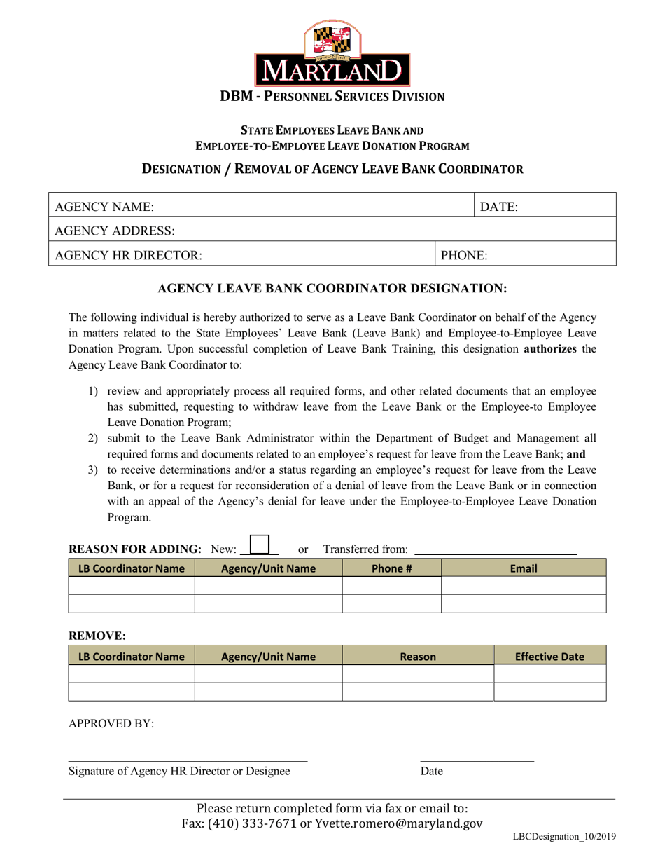 Designation / Removal of Agency Leave Bank Coordinator - Maryland, Page 1