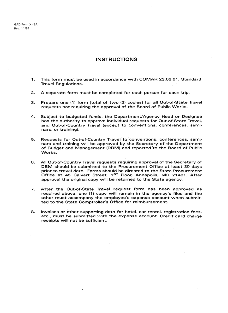 Instructions for Form X-3A Individual Request for Out-of-State Travel - Maryland, Page 1