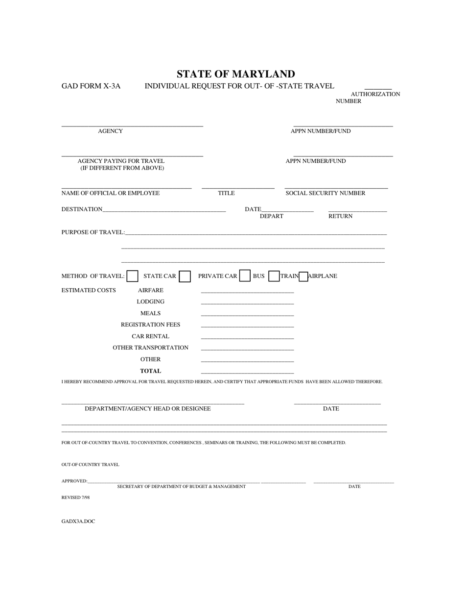 Form X-3A Individual Request for Out-of-State Travel - Maryland, Page 1