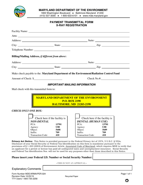 Form MDE/ARMA/PER.024 Payment Transmittal Form X-Ray Registration - Maryland