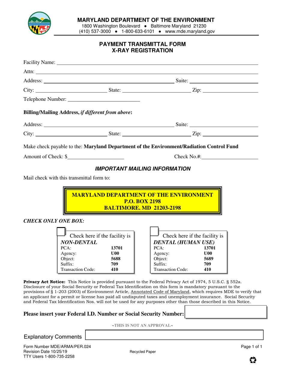 Form MDE / ARMA / PER.024 Payment Transmittal Form X-Ray Registration - Maryland, Page 1