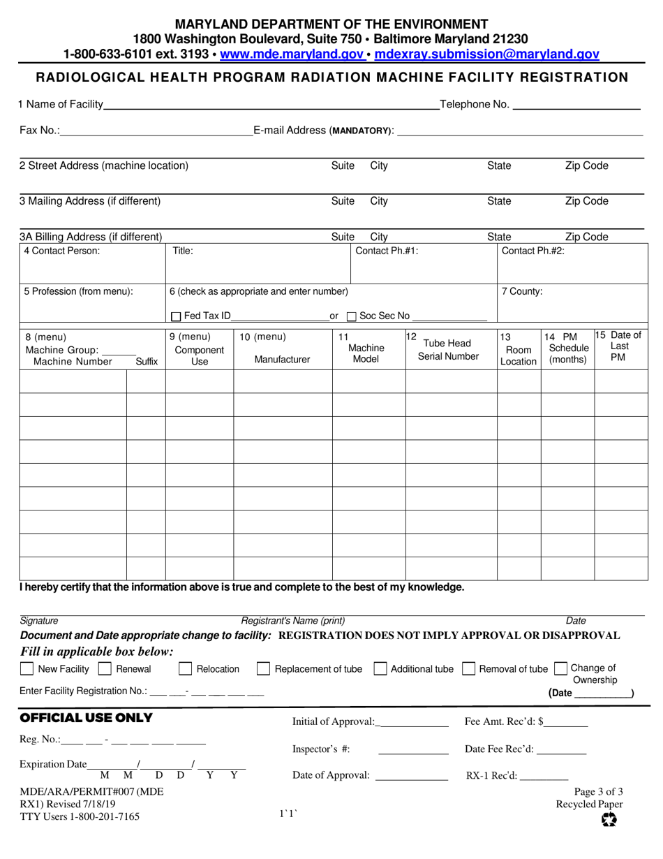 Form MDE RX1 (MDE / ARA / PER.007) Radiological Health Program Radiation Machine Facility Registration - Maryland, Page 3