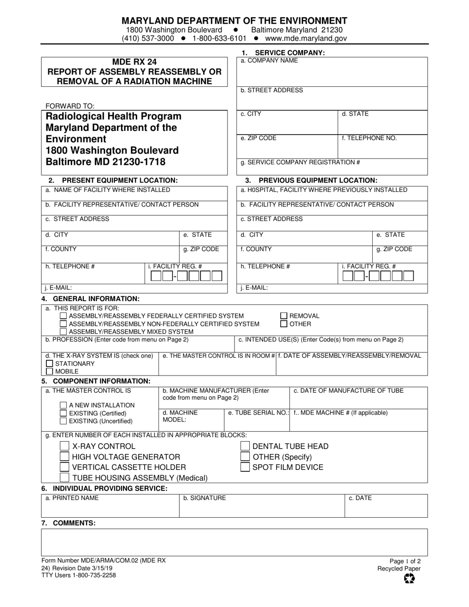 Form MDE RX24 (MDE / ARMA / COM.02) Report of Assembly Reassembly or Removal of a Radiation Machine - Maryland, Page 1