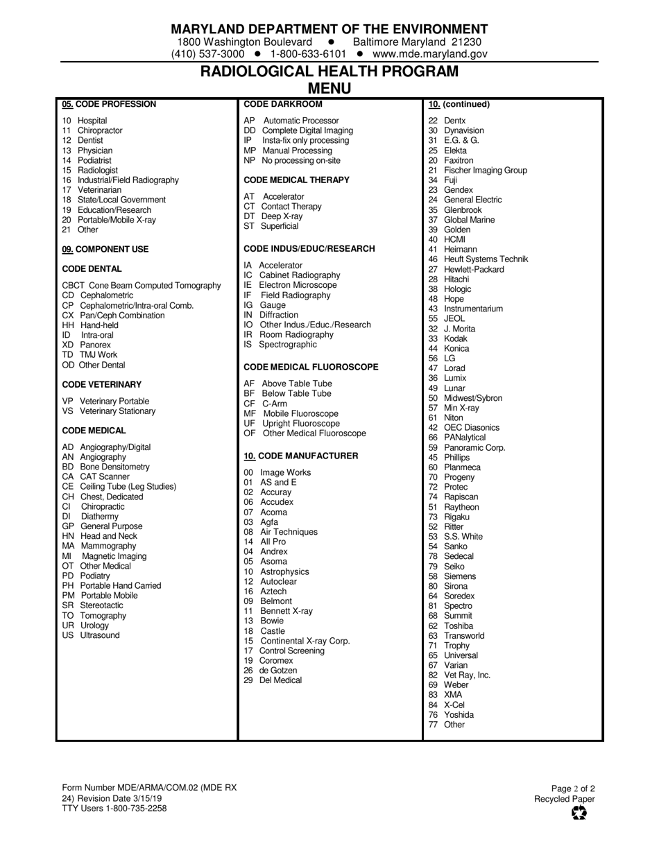 Form MDE RX24 (MDE / ARMA / COM.02) Report of Assembly Reassembly or Removal of a Radiation Machine - Maryland, Page 2