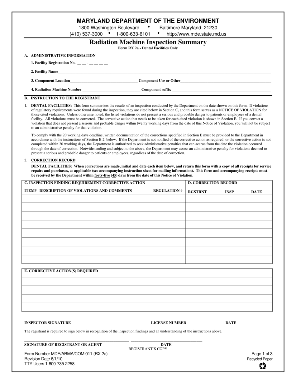 Form RX2A (MDE / ARMA / COM.011) Radiation Machine Inspection Summary - Dental Facilities Only - Maryland, Page 1