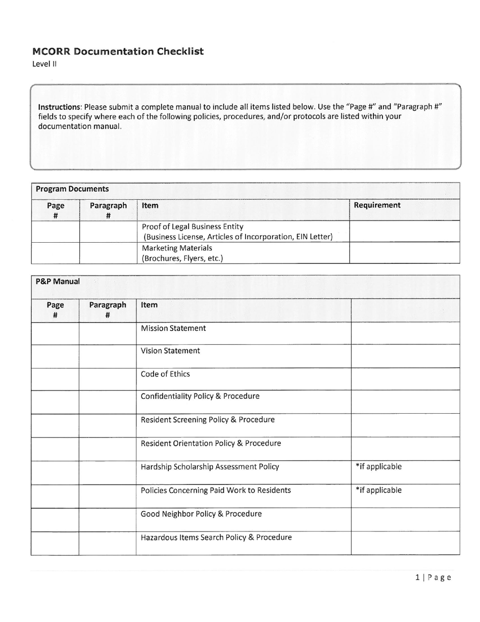 Mcorr Documentation Checklist - Level Ii - Maryland, Page 1