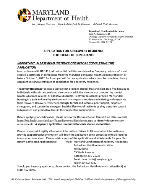 Application for a Recovery Residence Certificate of Compliance - Maryland Download Pdf