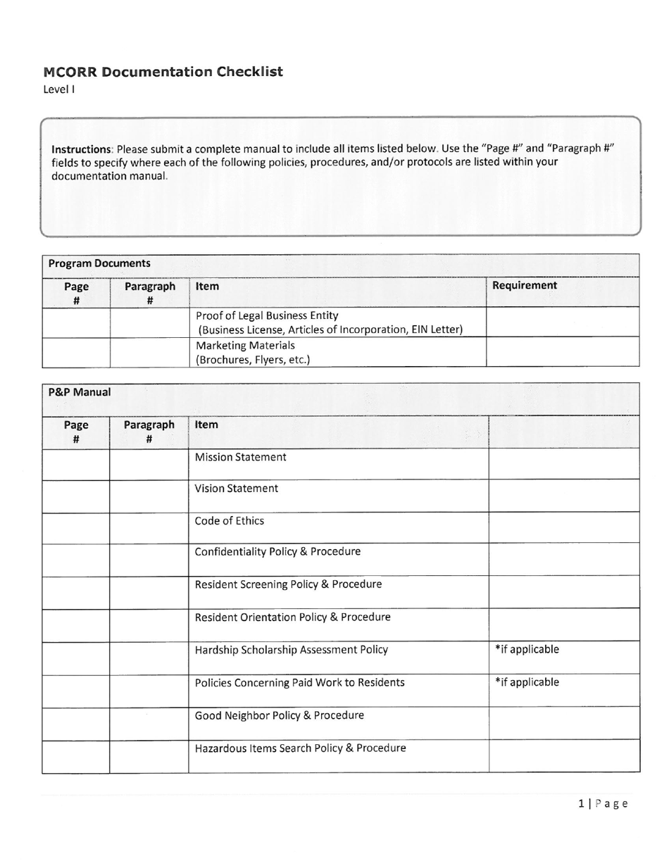 Mcorr Documentation Checklist - Level I - Maryland, Page 1