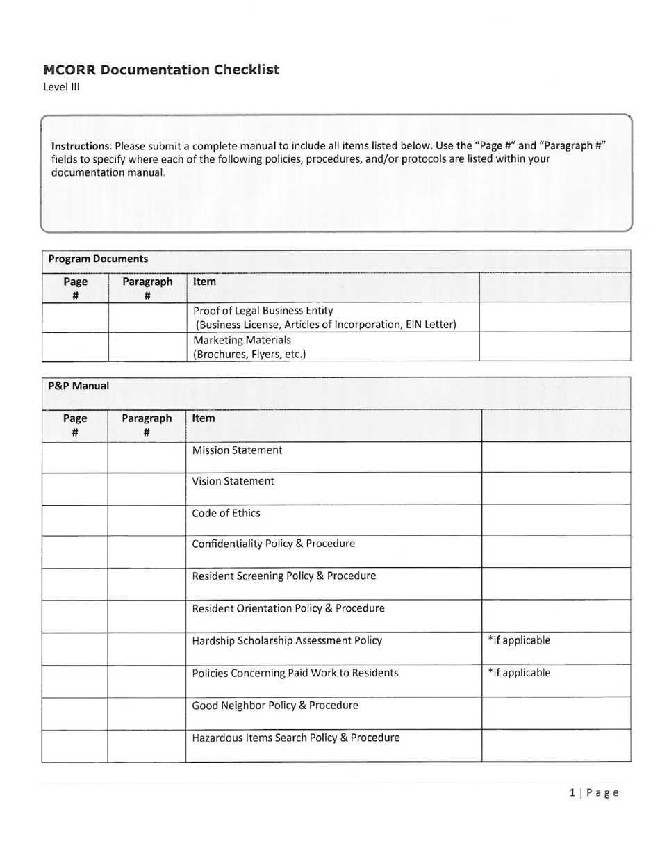 Mcorr Documentation Checklist - Level Iii - Maryland, Page 1