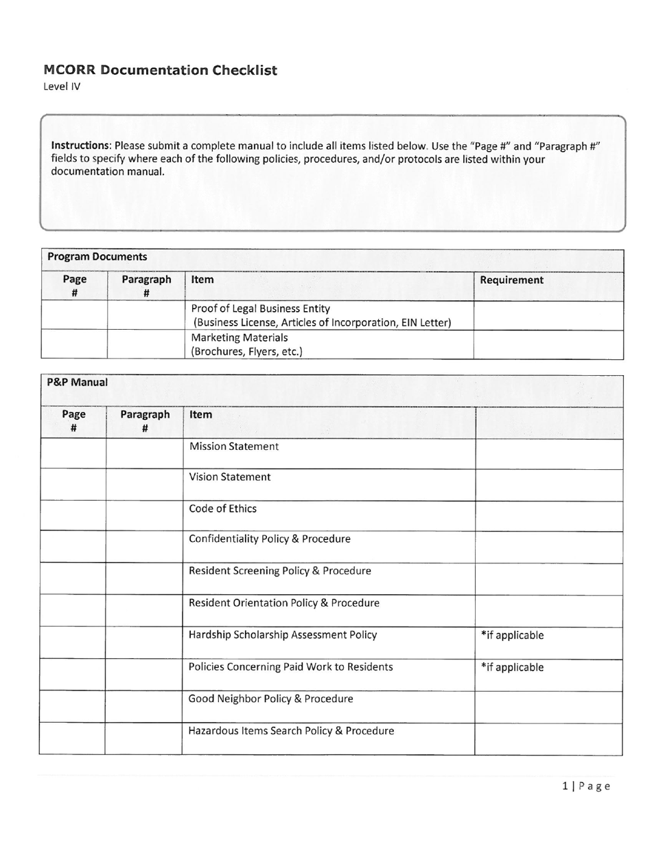 Mcorr Documentation Checklist - Level Iv - Maryland, Page 1