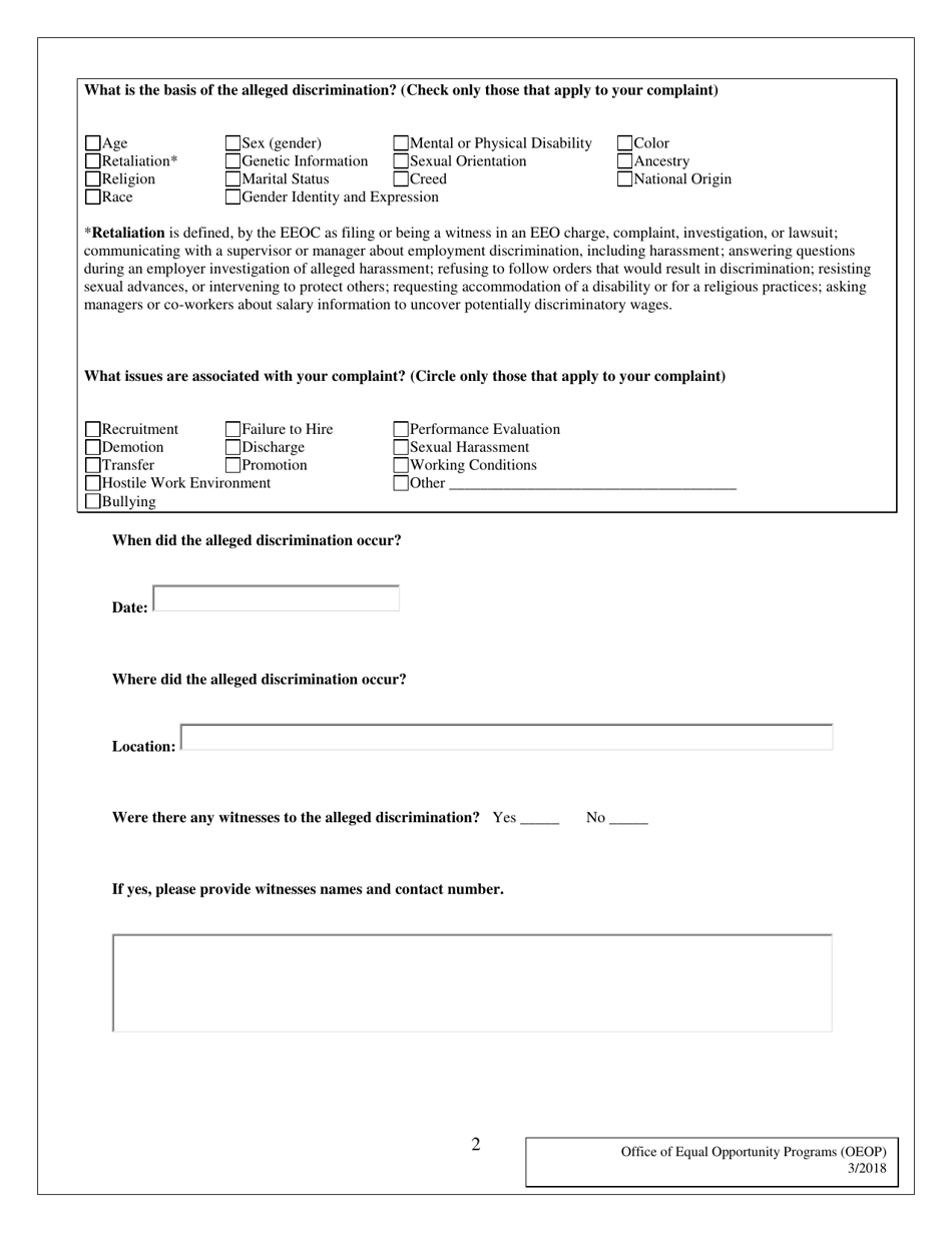 Employment Discrimination / Hostile Work Environment Complaint Form - Maryland, Page 2