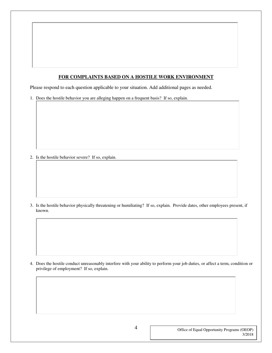 Employment Discrimination / Hostile Work Environment Complaint Form - Maryland, Page 4