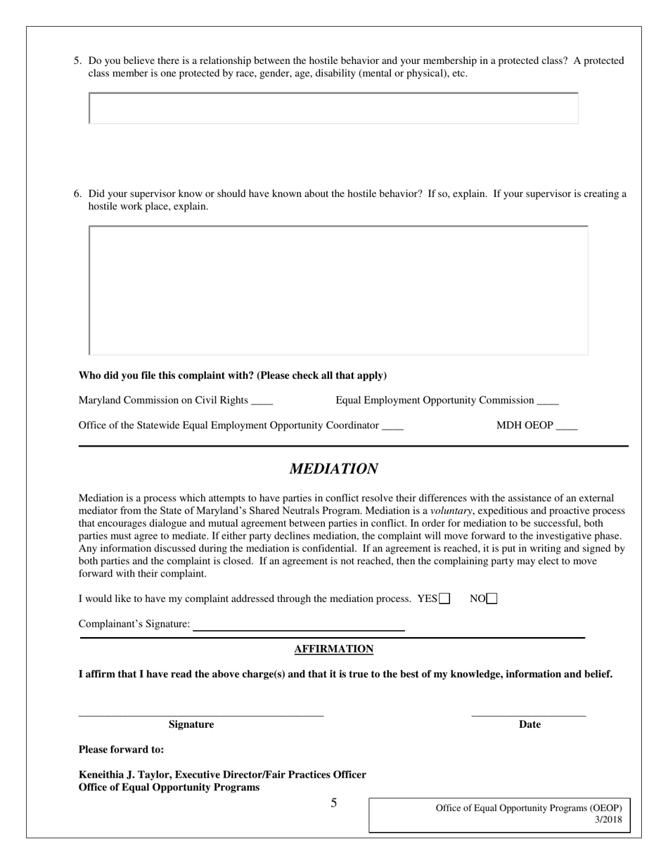Employment Discrimination / Hostile Work Environment Complaint Form - Maryland, Page 5