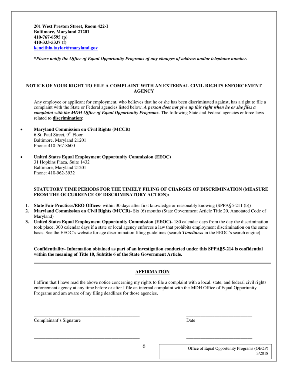 Employment Discrimination / Hostile Work Environment Complaint Form - Maryland, Page 6