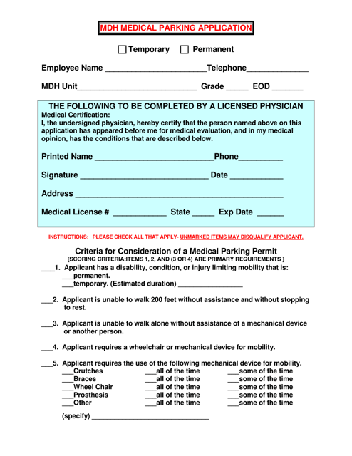Form MDH4576-1 Mdh Medical Parking Application - Maryland