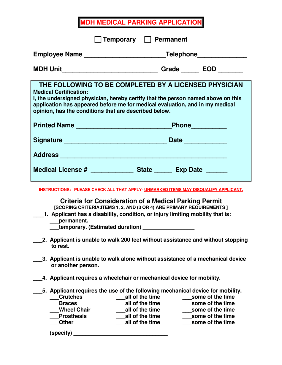 Form MDH4576-1 Mdh Medical Parking Application - Maryland, Page 1