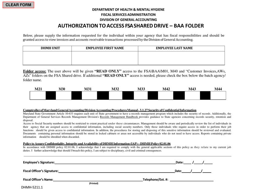 Form DHMH-5211.1 Authorization to Access FSA Shared Drive - Baa Folder - Maryland
