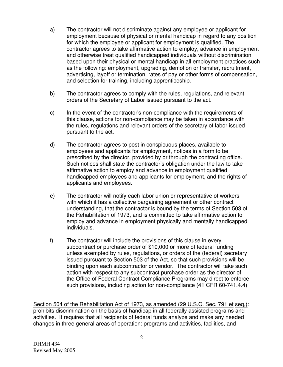 Form DHMH434 Assurance of Compliance With the Department of Health and Human Services Regulation Under Title VI of the Civil Rights Act of 1964 and Section 503 and 504 of the Rehabilitation Act of 1973, as Amended - Maryland, Page 2