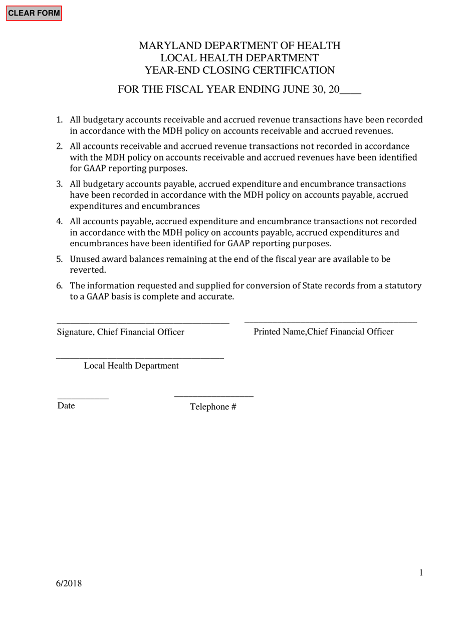 Local Health Department Year-End Closing Certification - Maryland, Page 1