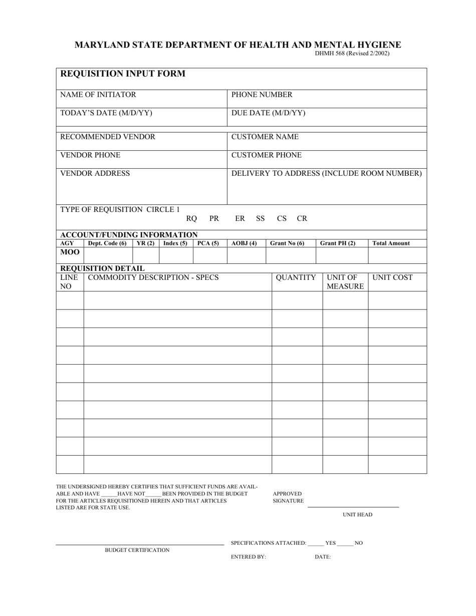 Form DHMH568 Requisition Input Form - Maryland, Page 1