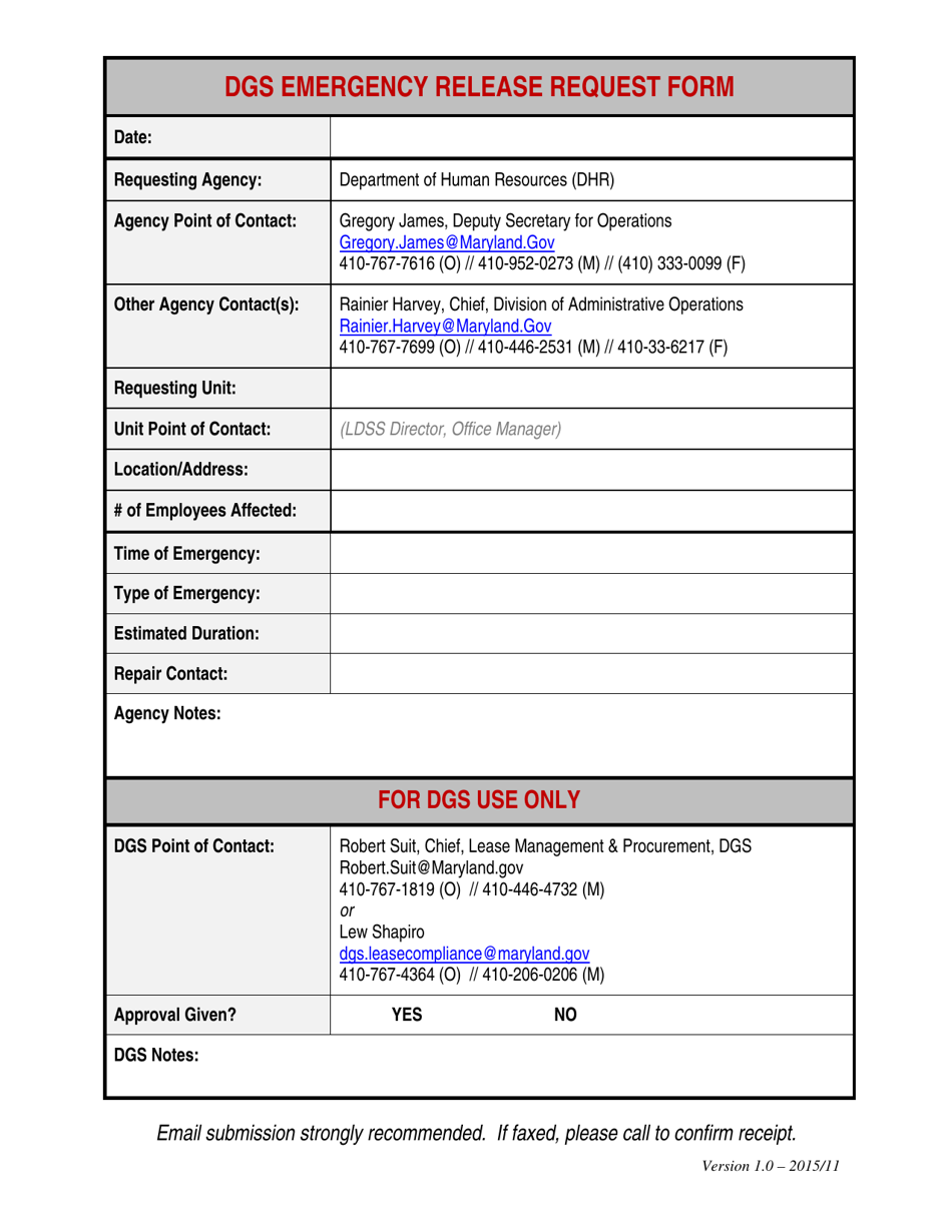 Dgs Emergency Release Request Form - Maryland, Page 1