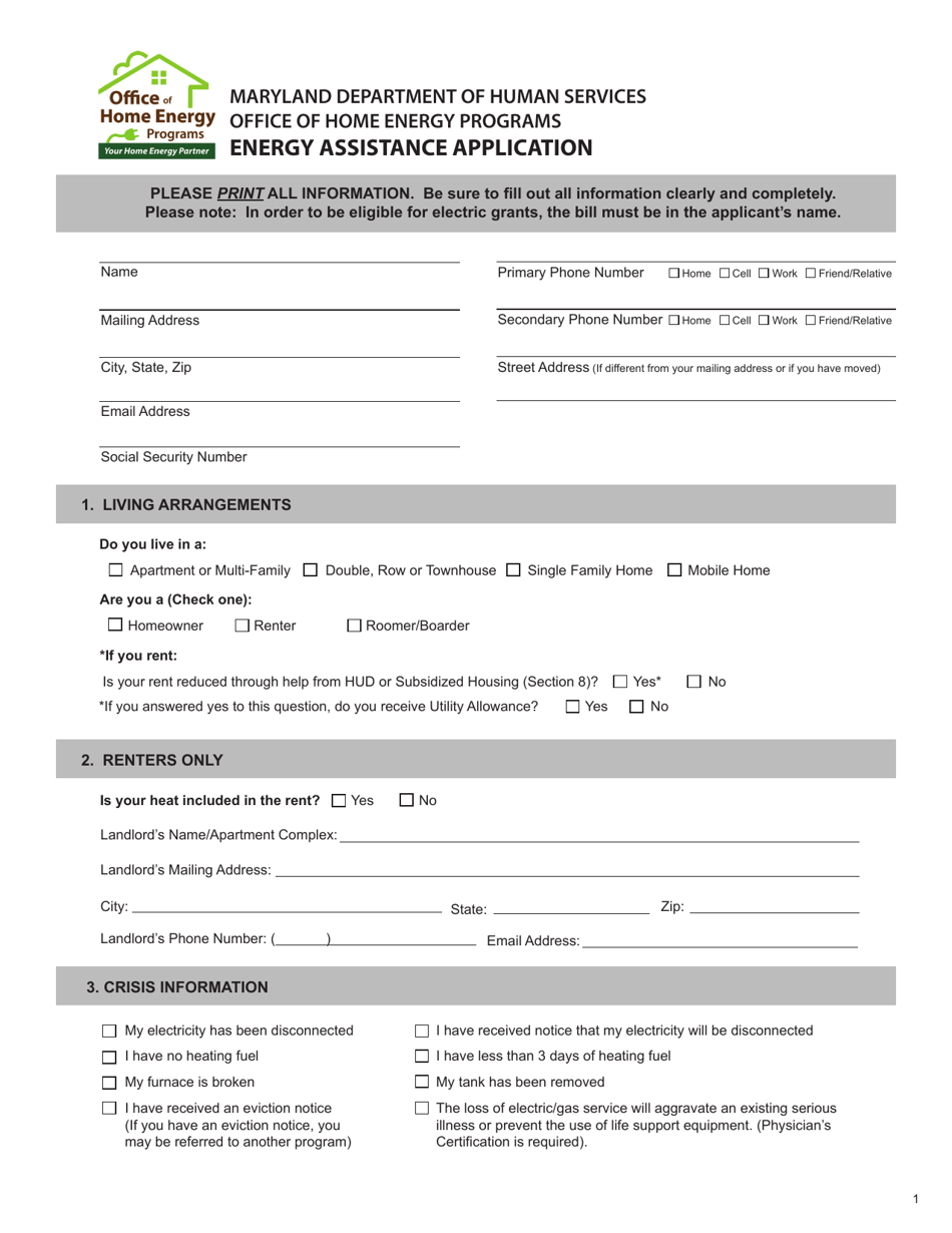 Maryland Energy Assistance Application Download Printable PDF 