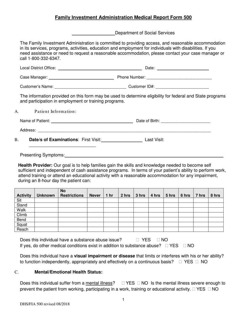 Form DHS / FIA500 Family Investment Administration Medical Report Form - Maryland, Page 1