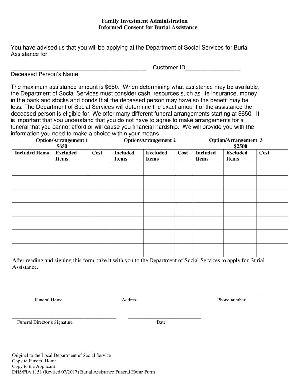 Form DHS / FIA1151 Informed Consent for Burial Assistance - Maryland, Page 1