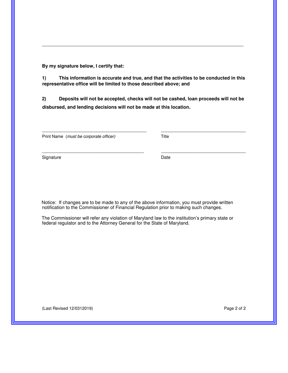 Application to Establish a Representative Office of a Foreign Bank Corporation - Maryland, Page 2
