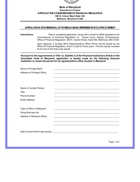 Application for Renewal of Foreign Bank Representative Office Permit - Maryland