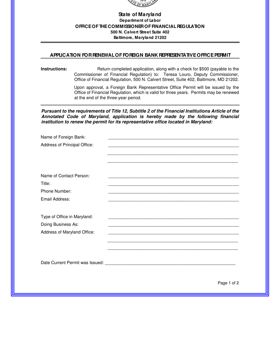 Application for Renewal of Foreign Bank Representative Office Permit - Maryland, Page 1