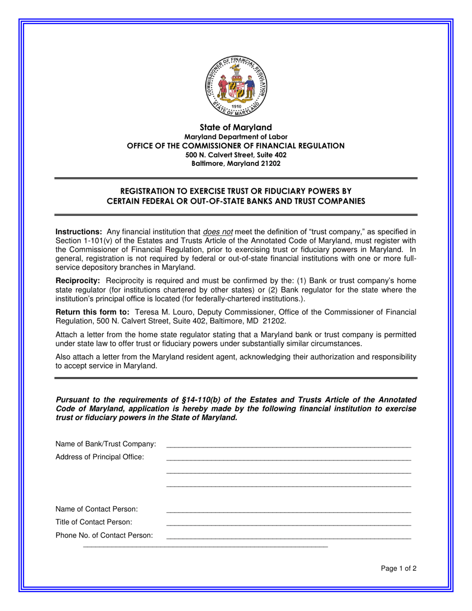 Registration to Exercise Trust or Fiduciary Powers by Certain Federal or Out-of-State Banks and Trust Companies - Maryland, Page 1