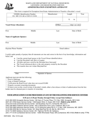 DNR Form B292 &quot;Administration Exemption Affidavit&quot; - Maryland