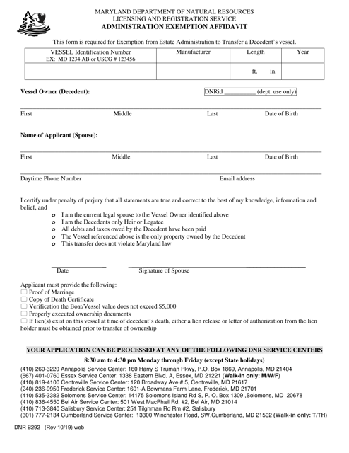 DNR Form B292  Printable Pdf